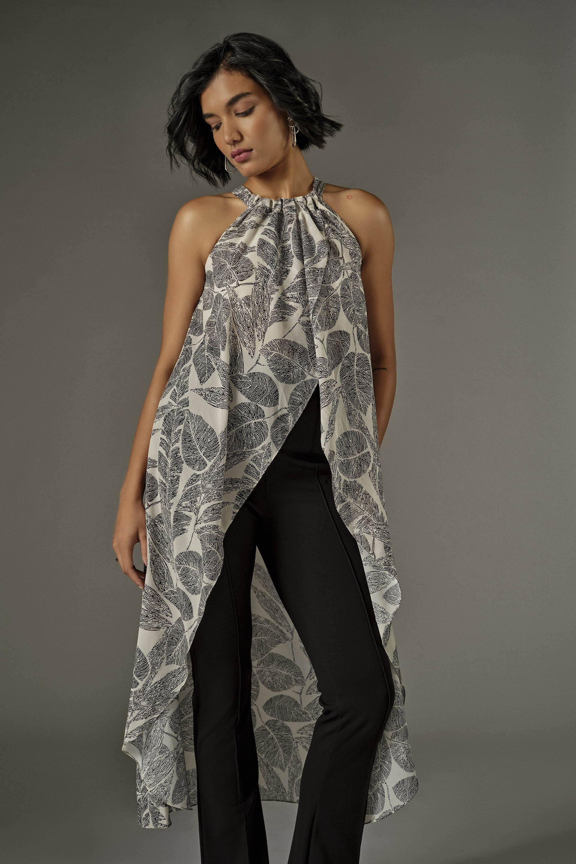 High-low Leaf Print Halter Top in White